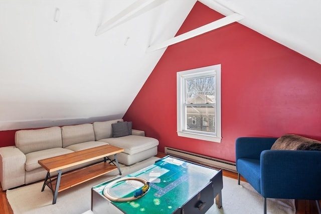 living room with a baseboard heating unit, vaulted ceiling, and wood finished floors