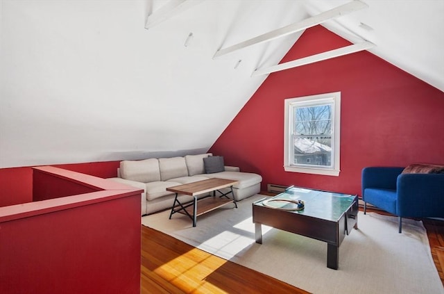 additional living space with wood finished floors, vaulted ceiling, and baseboard heating