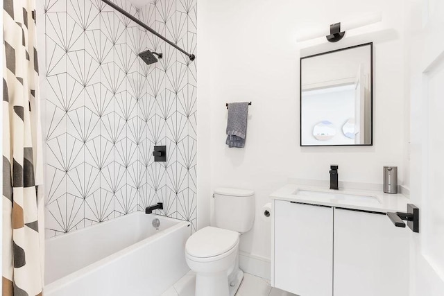 full bath with vanity, toilet, and shower / bath combination with curtain