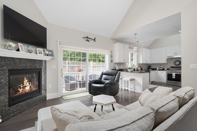 675 Main St Unit C1, Barnstable, MA 02635 - living area with vaulted ceiling, dark wood-type flooring, and a high end fireplace