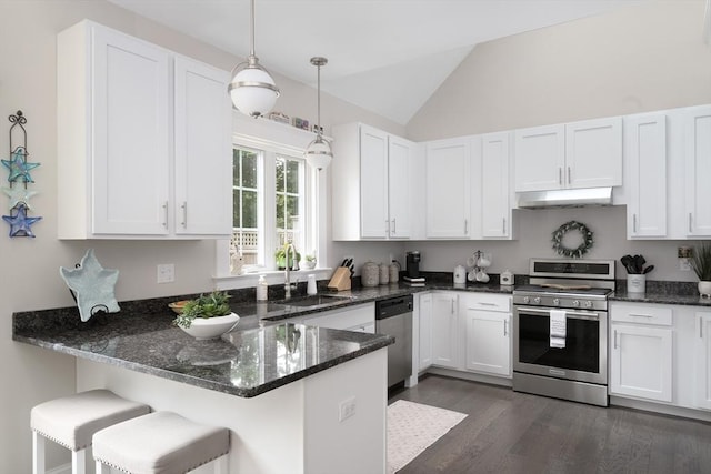 675 Main St Unit C1, Barnstable, MA 02635 - kitchen featuring appliances with stainless steel finishes, under cabinet range hood, lofted ceiling, white cabinetry, and dark wood finished floors