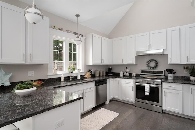 675 Main St Unit C1, Barnstable, MA 02635 - kitchen featuring stainless steel appliances, under cabinet range hood, white cabinets, lofted ceiling, and dark wood-style flooring