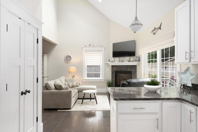675 Main St Unit C1, Barnstable, MA 02635 - living room with high vaulted ceiling, a glass covered fireplace, and wood finished floors