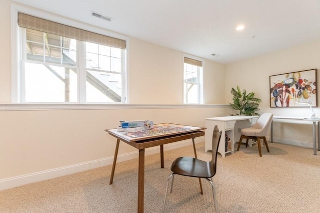 home office featuring visible vents, baseboards, and carpet