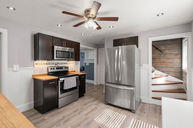 5 Ethel St, Blackstone, MA 01504 - kitchen with stainless steel appliances, wooden counters, a ceiling fan, light wood finished floors, and wainscoting