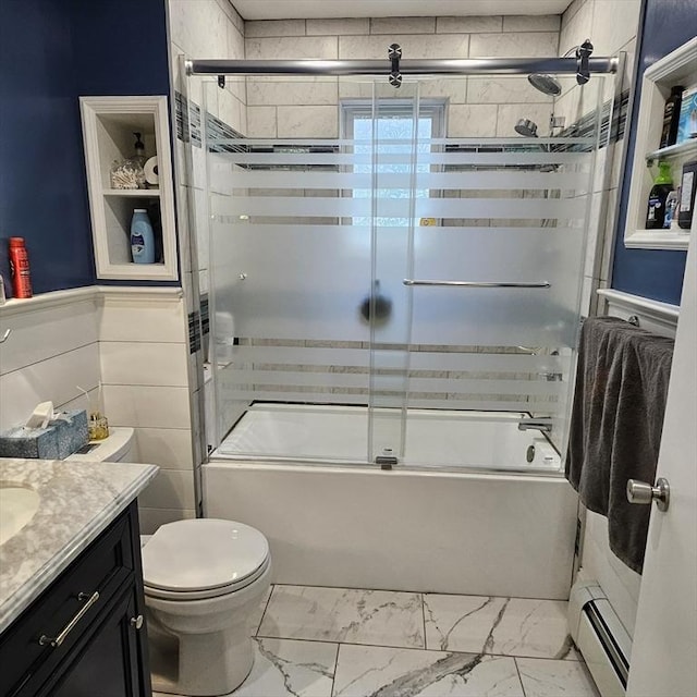 5 Ethel St, Blackstone, MA 01504 - bathroom featuring a baseboard radiator, marble finish flooring, vanity, and shower / bath combination with glass door