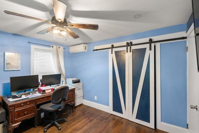 5 Ethel St, Blackstone, MA 01504 - office with a barn door, an AC wall unit, baseboards, ceiling fan, and dark wood-type flooring