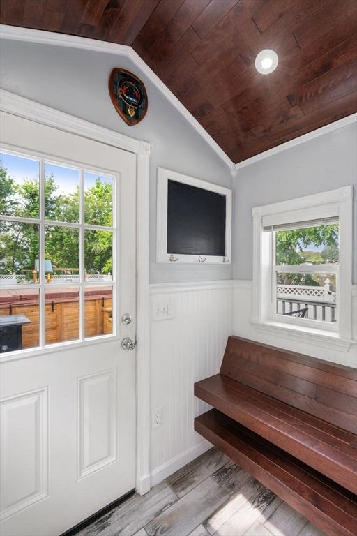 5 Ethel St, Blackstone, MA 01504 - mudroom with wooden ceiling, a wainscoted wall, lofted ceiling, wood finished floors, and crown molding