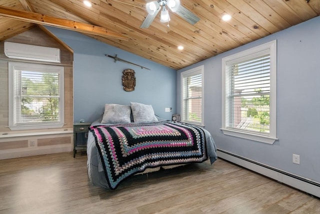 5 Ethel St, Blackstone, MA 01504 - bedroom with baseboard heating, a wall mounted AC, lofted ceiling, wood finished floors, and wooden ceiling
