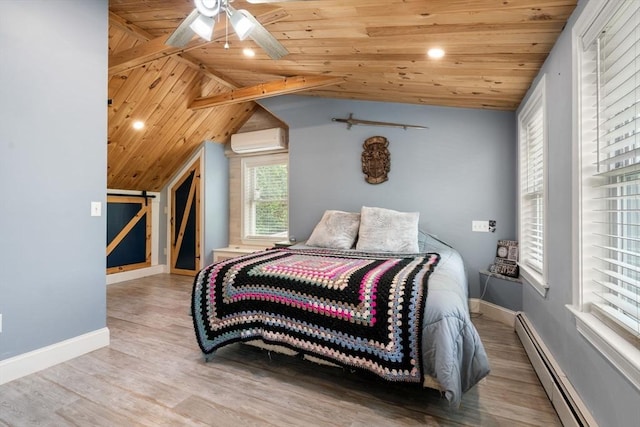 5 Ethel St, Blackstone, MA 01504 - bedroom featuring a wall unit AC, wood ceiling, baseboard heating, baseboards, and wood finished floors