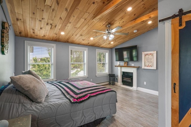 5 Ethel St, Blackstone, MA 01504 - bedroom with wood finished floors, lofted ceiling, a glass covered fireplace, baseboards, and a barn door