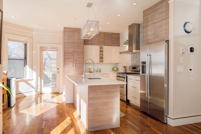 kitchen with a sink, wall chimney range hood, wood finished floors, stainless steel appliances, and modern cabinets