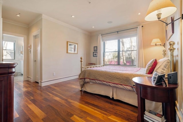 bedroom with crown molding, recessed lighting, dark wood-style floors, and baseboards