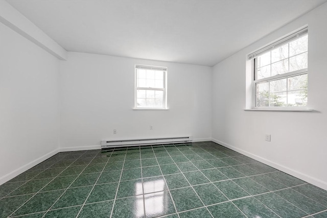 unfurnished room with a baseboard radiator and baseboards