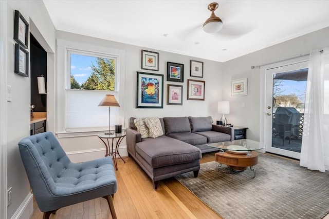 living area with light hardwood / wood-style floors, ceiling fan, and crown molding