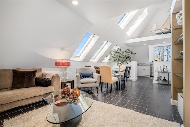 tiled living room with high vaulted ceiling