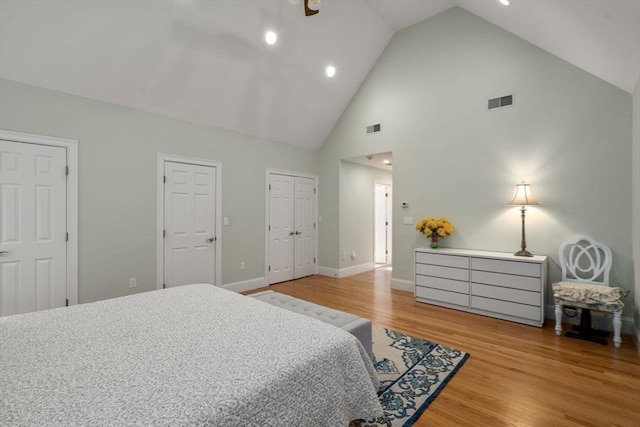 bedroom with multiple closets, high vaulted ceiling, and wood-type flooring