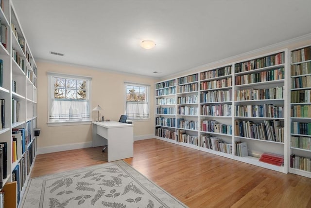 office space featuring crown molding and wood-type flooring