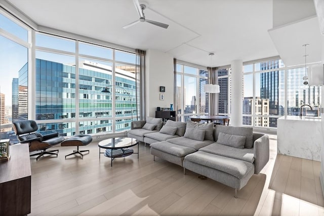 living room with light wood-type flooring, a wall of windows, and a city view