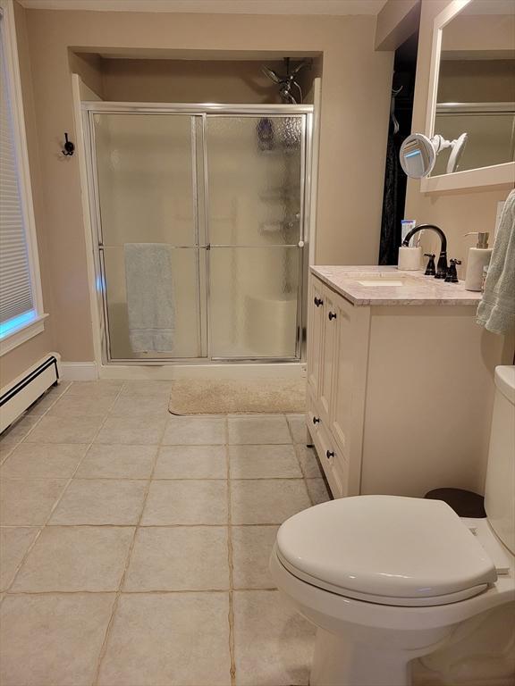 bathroom with toilet, walk in shower, and vanity