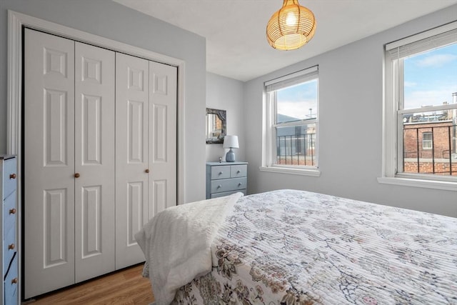 bedroom with hardwood / wood-style floors and multiple windows