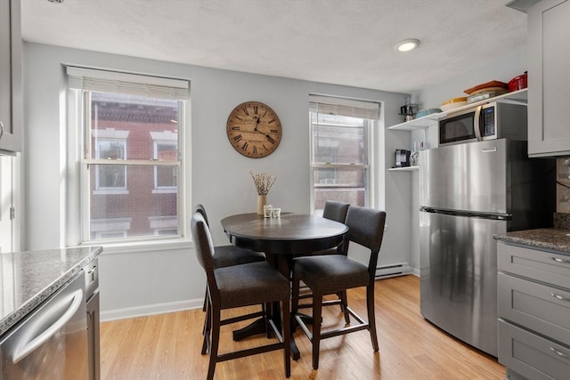 dining room featuring baseboard heating, a wealth of natural light, and light hardwood / wood-style floors