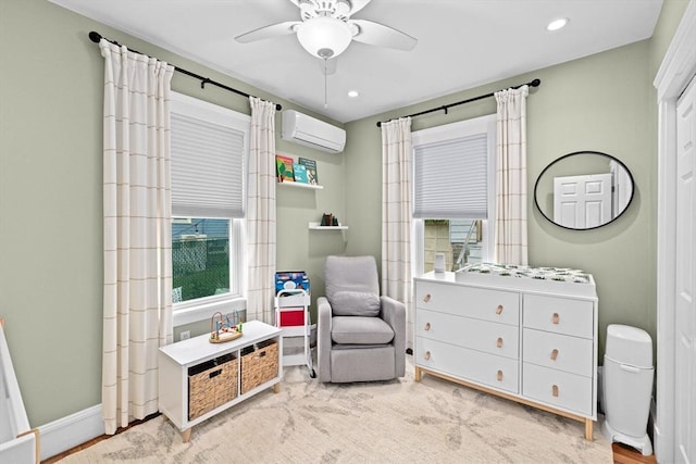 26 N Munroe Ter Unit 1, Boston, MA 02122 - sitting room featuring a wall mounted air conditioner, a ceiling fan, recessed lighting, carpet flooring, and baseboards
