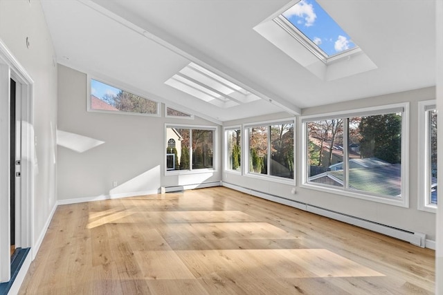 unfurnished sunroom featuring a baseboard radiator and vaulted ceiling with skylight