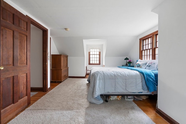 bedroom featuring multiple windows, wood-type flooring, and lofted ceiling