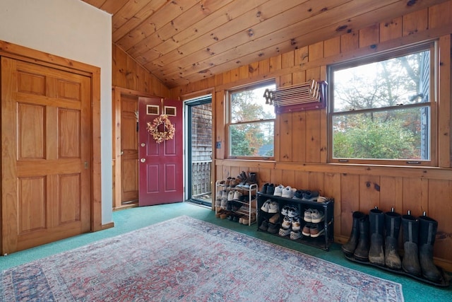 interior space with plenty of natural light, carpet floors, and wooden ceiling