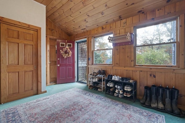 62 Teakettle Ln, Duxbury, MA 02332 - entryway featuring lofted ceiling, carpet, wooden ceiling, and wood walls