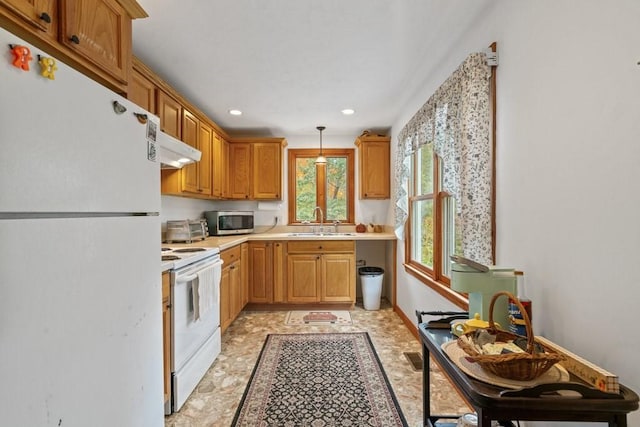 62 Teakettle Ln, Duxbury, MA 02332 - kitchen featuring white appliances, under cabinet range hood, light countertops, recessed lighting, and pendant lighting