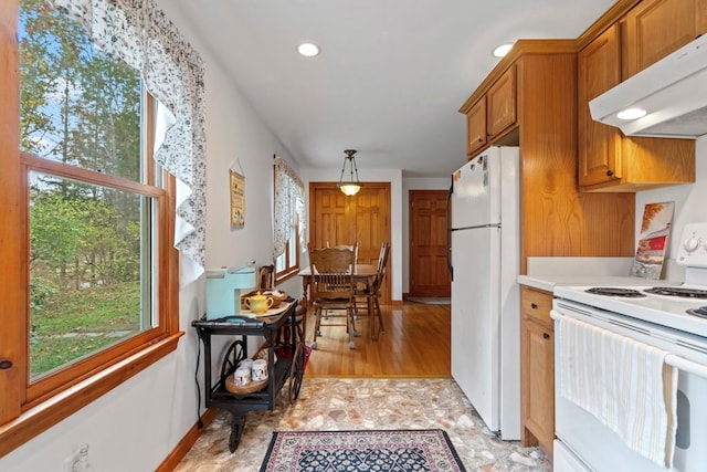 kitchen with hanging light fixtures, light hardwood / wood-style flooring, exhaust hood, and white appliances