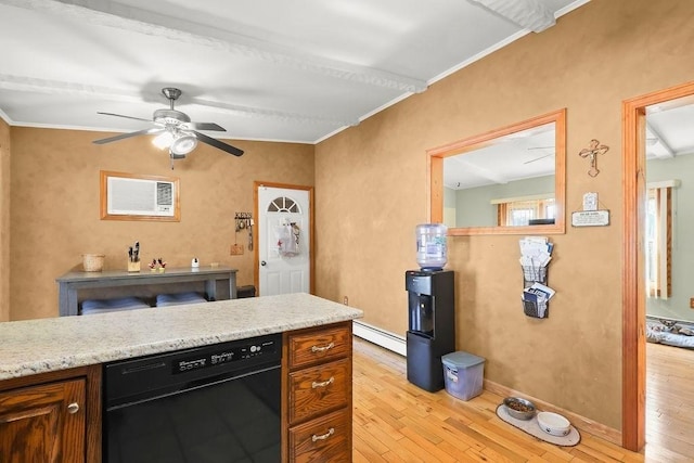 kitchen with a baseboard radiator, light wood-type flooring, black dishwasher, and light countertops