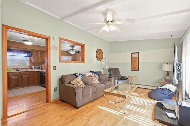 living room with lofted ceiling, ceiling fan, light wood-type flooring, and a baseboard heating unit