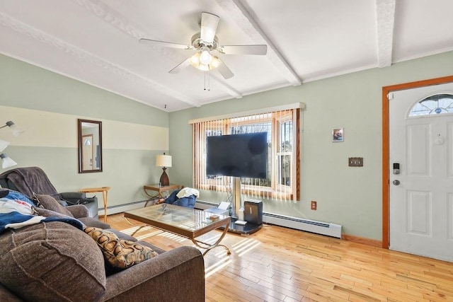 living area featuring a baseboard radiator, ceiling fan, lofted ceiling with beams, and light wood finished floors