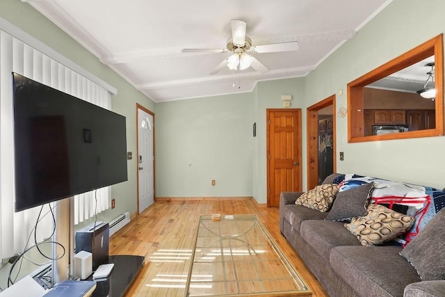 living area with beam ceiling, crown molding, light wood-style flooring, baseboard heating, and a ceiling fan