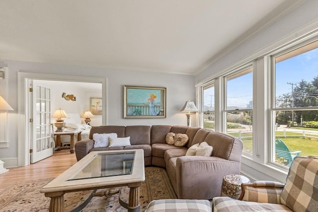 living area featuring plenty of natural light, crown molding, and light wood finished floors