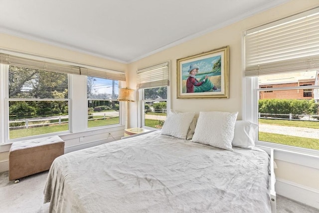 bedroom featuring crown molding, carpet, and baseboards