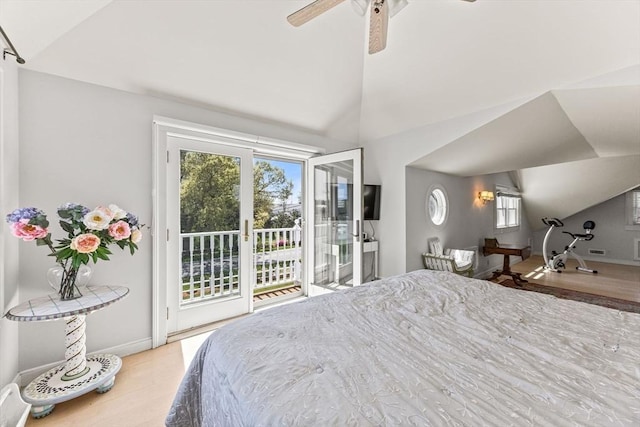 bedroom featuring access to exterior, lofted ceiling, baseboards, and ceiling fan