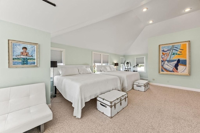 carpeted bedroom featuring lofted ceiling, recessed lighting, and baseboards