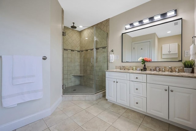 bathroom featuring tile patterned floors, vanity, and a shower with door