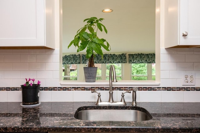 46 Plum St, Hamilton, MA 01982 - kitchen featuring white cabinetry, dark stone counters, backsplash, and recessed lighting