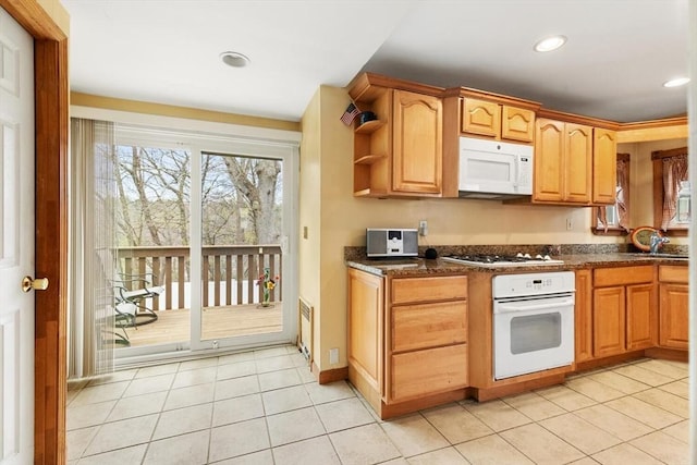 57 Taft St, Medford, MA 02155 - kitchen featuring white appliances, light tile patterned flooring, open shelves, and recessed lighting