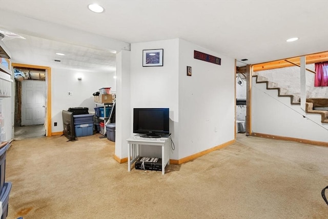 57 Taft St, Medford, MA 02155 - finished basement featuring carpet, baseboards, stairway, and recessed lighting