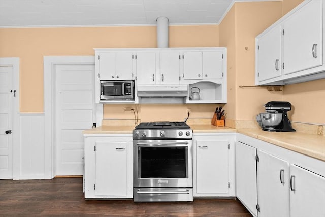 109 Bouve Ave, Brockton, MA 02301 - kitchen featuring stainless steel appliances, crown molding, under cabinet range hood, white cabinets, and open shelves