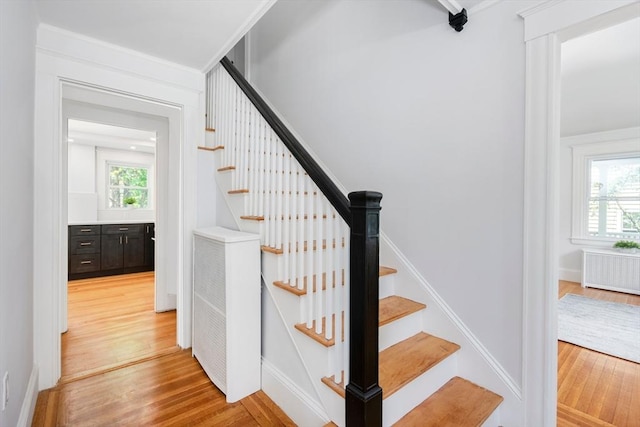 8 Carisbrooke St, Andover, MA 01810 - stairway featuring wood finished floors and radiator heating unit
