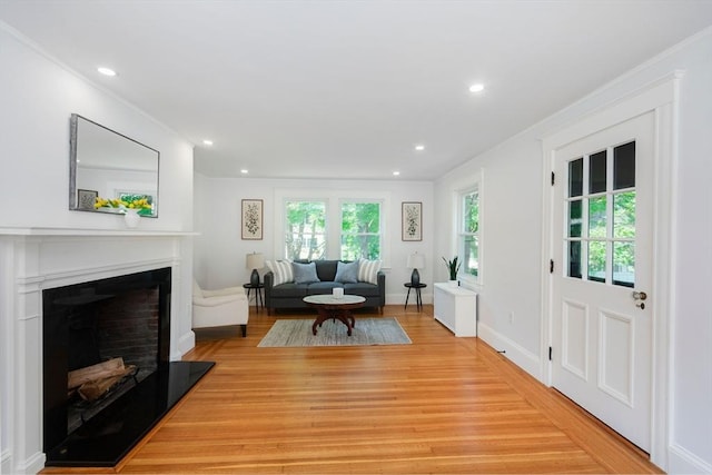 8 Carisbrooke St, Andover, MA 01810 - living room with a fireplace with raised hearth, light wood-type flooring, recessed lighting, and ornamental molding