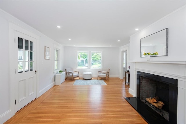 8 Carisbrooke St, Andover, MA 01810 - living room featuring a fireplace with raised hearth, light wood-style floors, recessed lighting, and ornamental molding