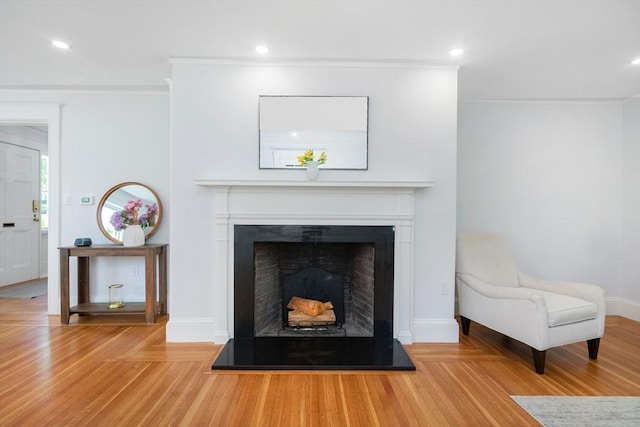 8 Carisbrooke St, Andover, MA 01810 - detailed view of a fireplace with raised hearth, ornamental molding, wood finished floors, and recessed lighting